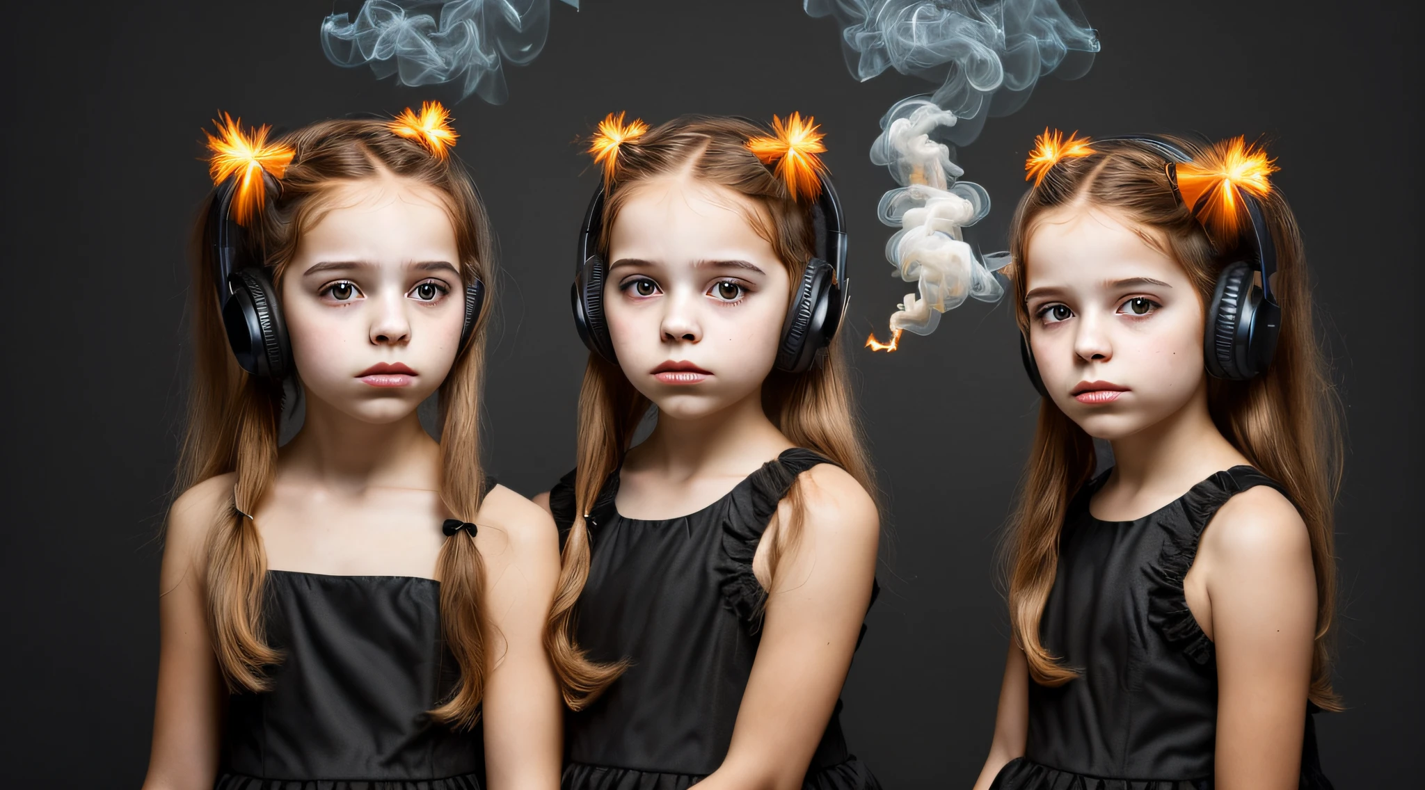 two girls with bows on their heads and one wearing a BLACK dress, HEADPHONES FIRE AND FIRE. smoke billowing, gemini twins portrait, faixa de cabelo AMARELO,