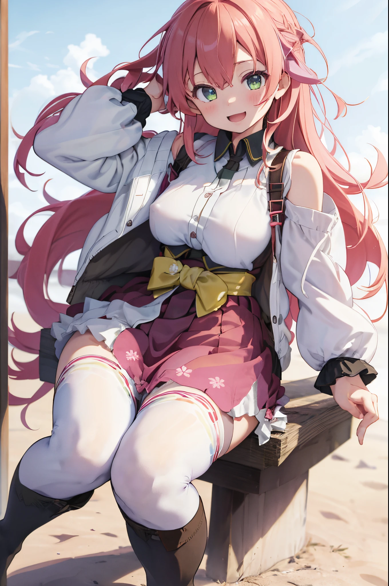 masterpiece, best quality, highres, miko1, sakura_miko, 1girl, (loli:1.3),medium_breasts, solo, ahoge, x_hair_ornament, pink_hair, floral print, hairclip,(side_less_clothes:1.3), (side_breasts:1.3), hair_bell, floral print, long_hair, hair between eyes, one side up, white_thighhighs, wide sleeves, open_mouth,(happy:1.3),green_eyes,smile,apart_legs,(overly_long_sleeves:1.3),),sleeves_past_wrists,hands_hidden_sleeves,sidelock_clothes,solo,hidden_wrists,(XD:1.5),covered_nipples,sunlight,(bare_flank:1.3),boots,