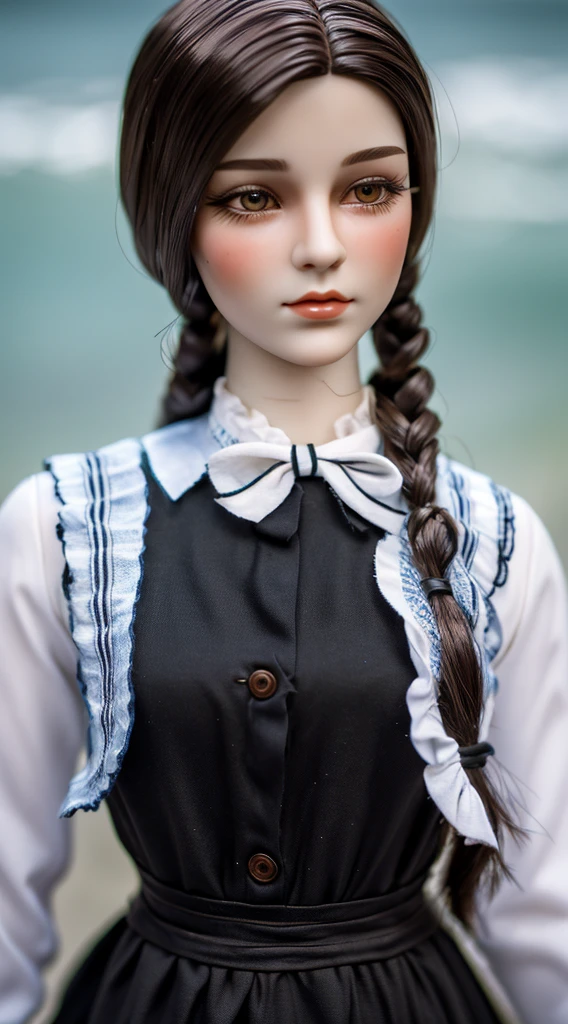 Best Quality, ultra hi res, photoreaslistic, a photography of a beautiful woman, age in the 30s, Detailed face, Black nasty fishtail blade, (detailed porcelain doll,delicate clothes with a lot of frills and ribbons), Beach, (close up of face), Seductive look, Looking at Viewer
