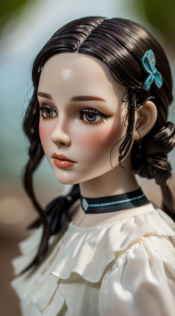 Best Quality, ultra hi res, photoreaslistic, a photography of a beautiful woman, age in the 30s, Detailed face, Black nasty fishtail blade, (detailed porcelain doll,delicate clothes with a lot of frills and ribbons), Beach, (close up of face), Seductive look, Looking at Viewer