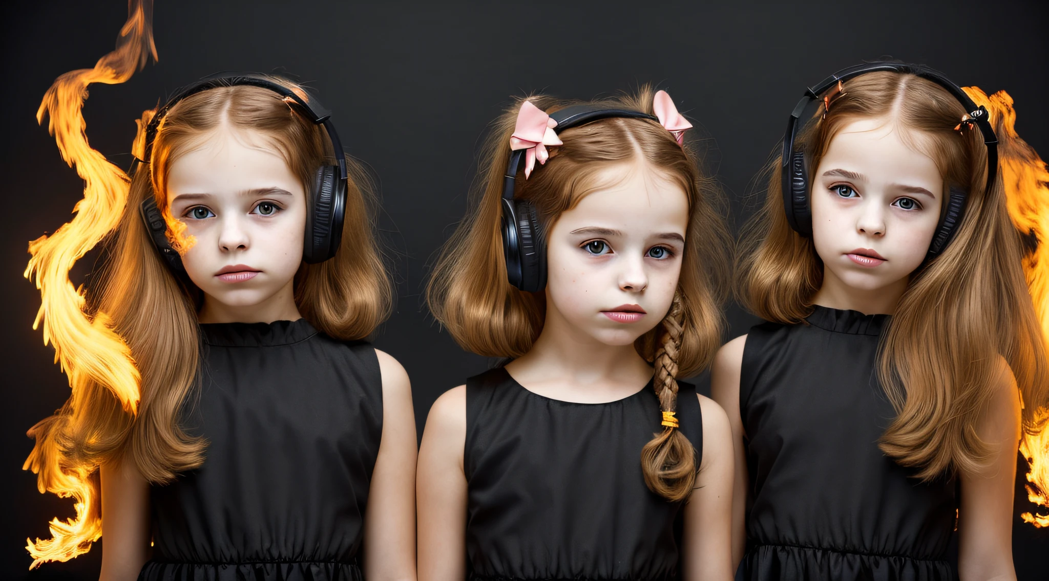 two girls with bows on their heads and one wearing a BLACK dress, HEADPHONES FIRE AND FIRE. smoke billowing, gemini twins portrait, faixa de cabelo AMARELO,
