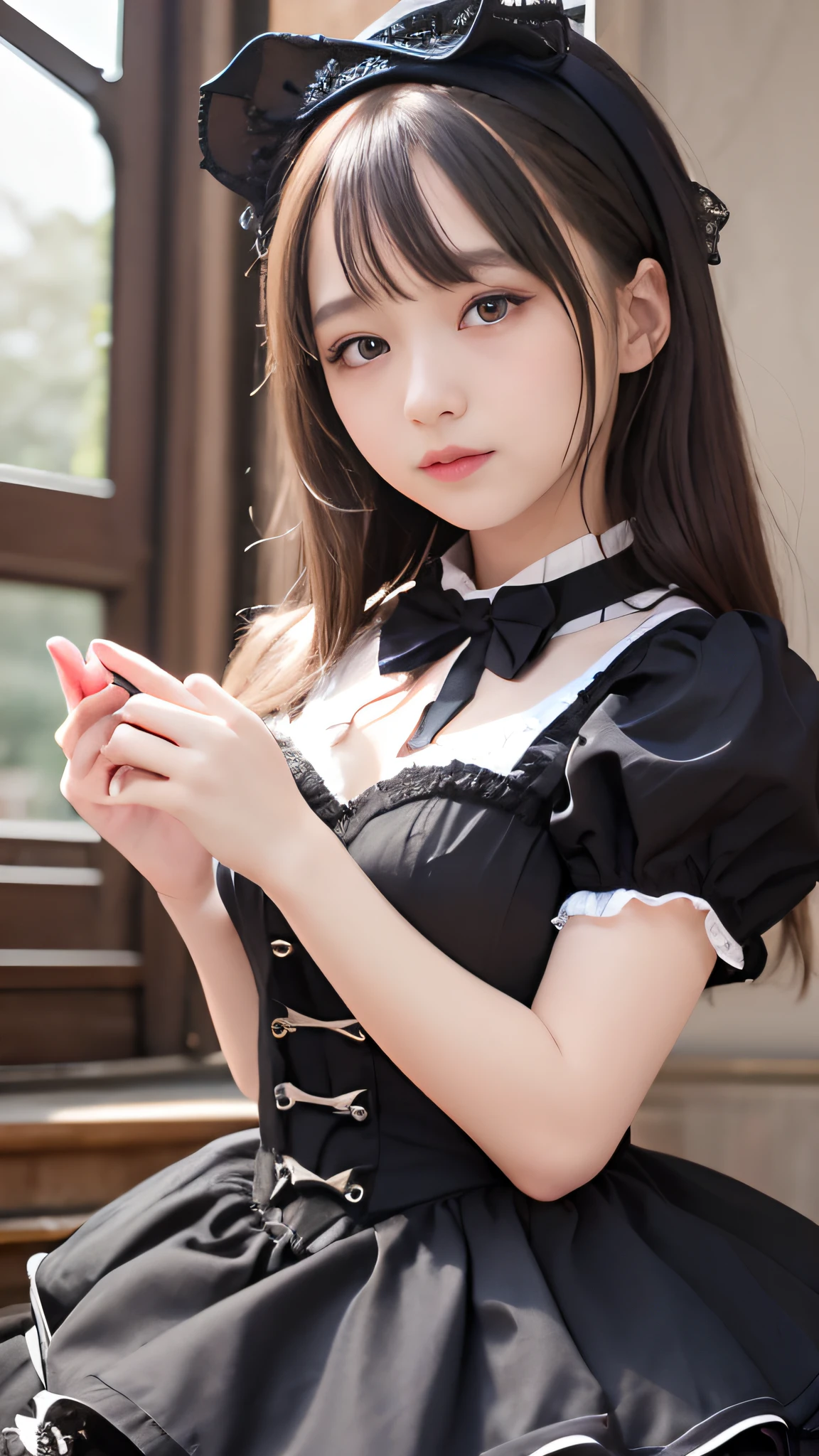 (Realistic, photo-Realistic:1.37), Unbelievably absurd, (Very detailed:1.3), 8K, (masterpiece), (Highest quality:1.4), (Ultra-high resolution:1.2), (RAW Photos:1.2), Very detailed background, (unity 8K wallpaper), 1 nogizaka girl, very cute, (bishojo:1.35), (17yo:1.4 (White, black and pink jirai fashion), (Delicate and beautiful face, eye, skin), (Beautiful dress with intricate details), Gothic Maid, Medium chest, (Cleavage:1.25 (Open chest), (Thick black shiny hair), (Elegant frills), (bow tie), (Blue rose hair accessory), (Smiling for the camera), whole body, European castle landscape, Professional Lighting, 1 Girl