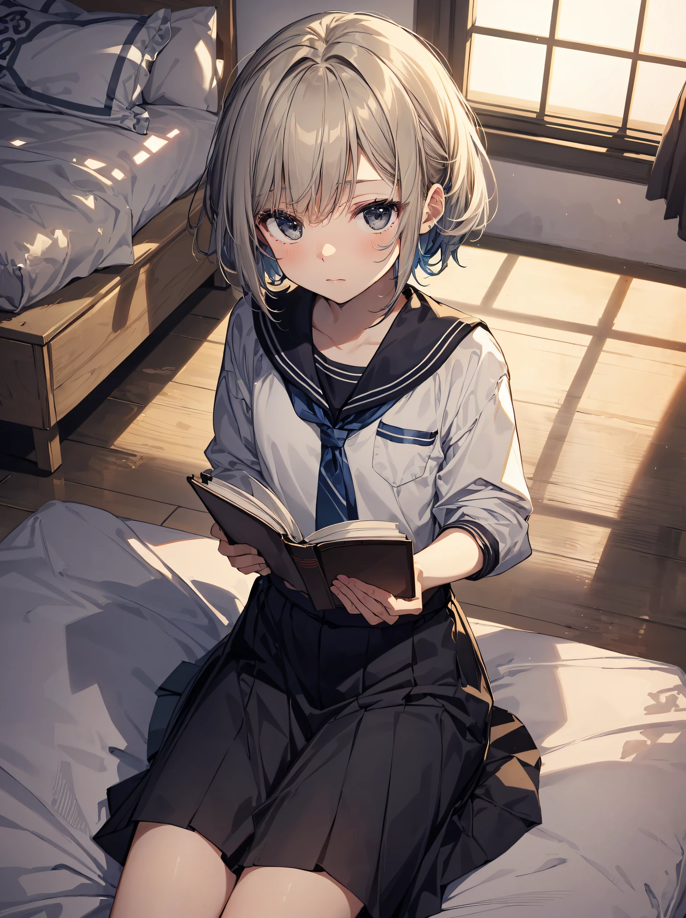 God quality, anime moe artstyle,best anime 8k konachan wallpaper,badass anime 8k,perfect anatomy, (Please Draw a picture of a girl lying on the bed and reading a book.),break, 1girl, (Solo,Loli,child,13-year-old:1.3),a junior high school student, androgynous charm, (Very Short hair), Full limbs, complete fingers,flat chest, Small butt, groin, Small eyes,finely 8k detailed beautiful black eyes,Massage your vagina with one hand,masturbation,school Uniform, in the one's own room. break,ultra-detailed,high resolution,super detailed skin, professional lighting, (cool illustration:1.2),