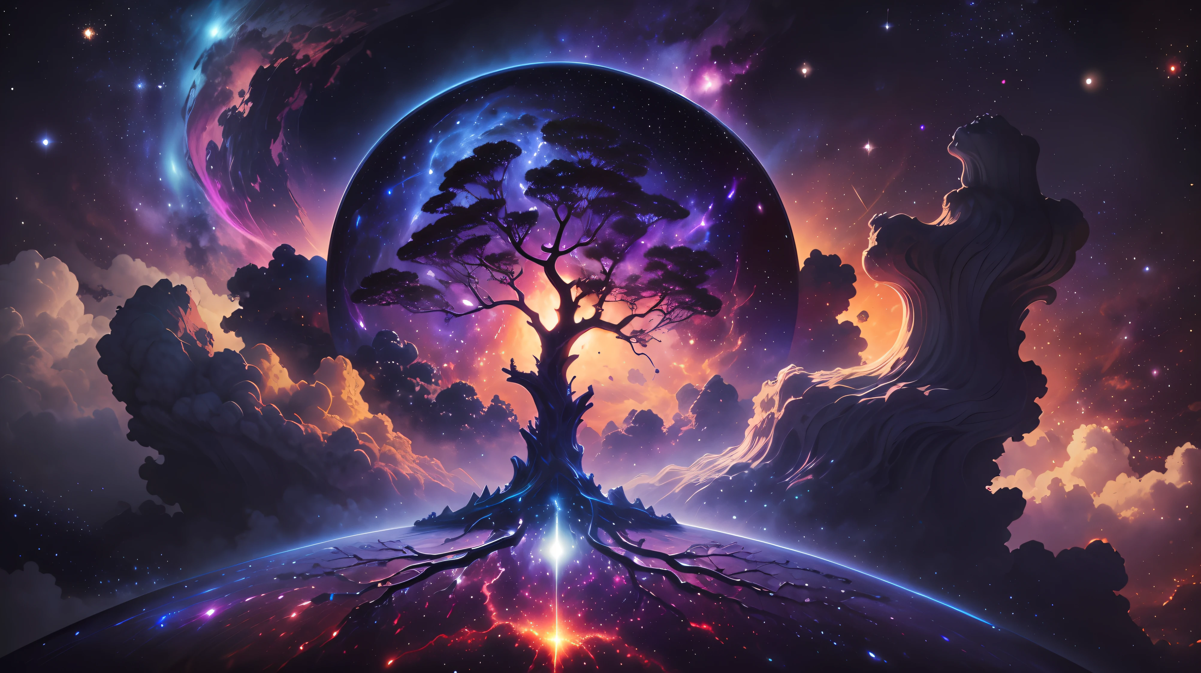 Piano, galaxia ((magical) tree of life), (night sky), (stars), artwork, (space dust), (nebula), concept art, high definition, high detail, intricate, (masterpiece: 1.2), (best quality: 1.2) --auto --s2