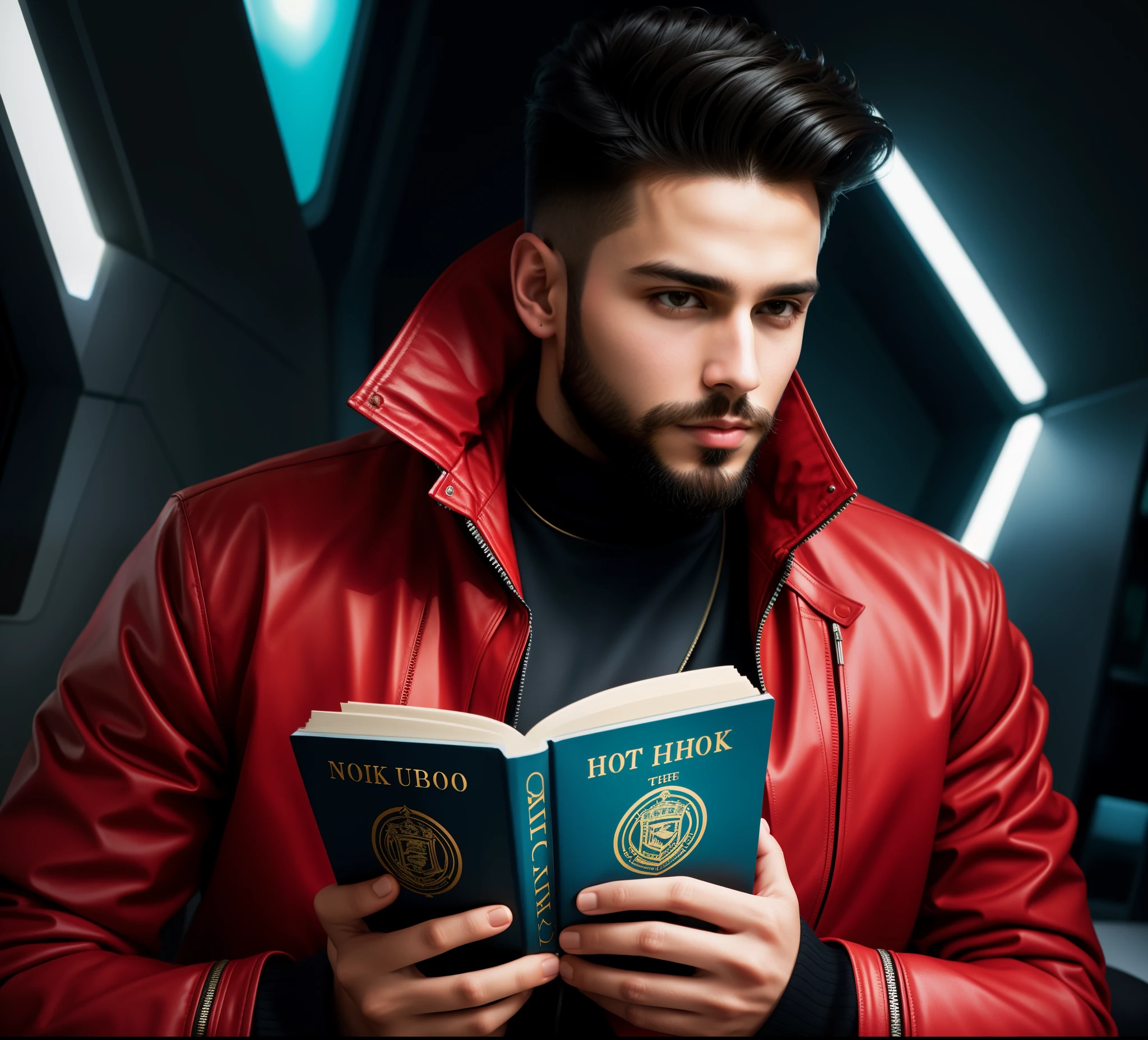 a close up of a man and a red jacket, with futuristic book, with thik book, futuristic book, wearing modern book, wearing futuristic book, wearing red jacket, book on, cool red jacket, wearing futuristic book, high quality portrait, attractive male, he has book, handsome man, handsome male, wearing a cool book, book, beautiful young man, shaped cut berad, medium shaped beard, futuristic look, futuristic book, modern look, little cyberpunk look
