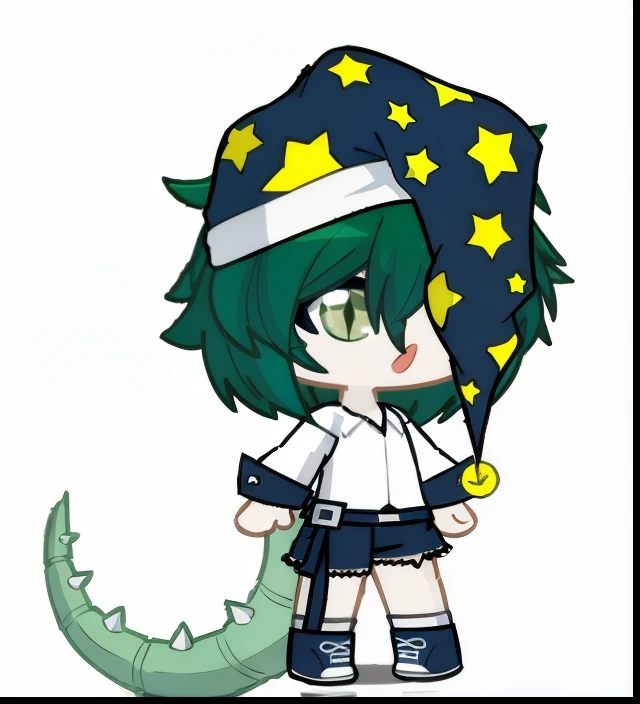 anime girl with green hair and a hat with stars on it, chibi monster girl, chibi, character art of maple story, tatsumaki, smol, 2 d anime style, sprite 2 d, visual novel sprite, 2 d sprite, crocodile loki, style of maple story, tatsumaki with green curly hair, style as nendoroid, chibi style, character adoptable