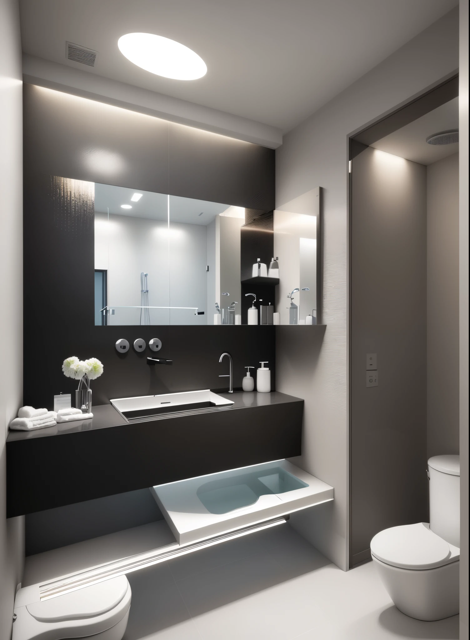 there is a bathroom with a sink, toilet and a mirror, modern bathroom, modern design, premium bathroom design, mirror and glass surfaces, modern style, in bathroom, pristine and clean design, clean and pristine design, modern look, beautiful aesthetic design, description, simple elegant design, magnificent design, exquisite detail, contemporary design, bathroom, slick elegant design