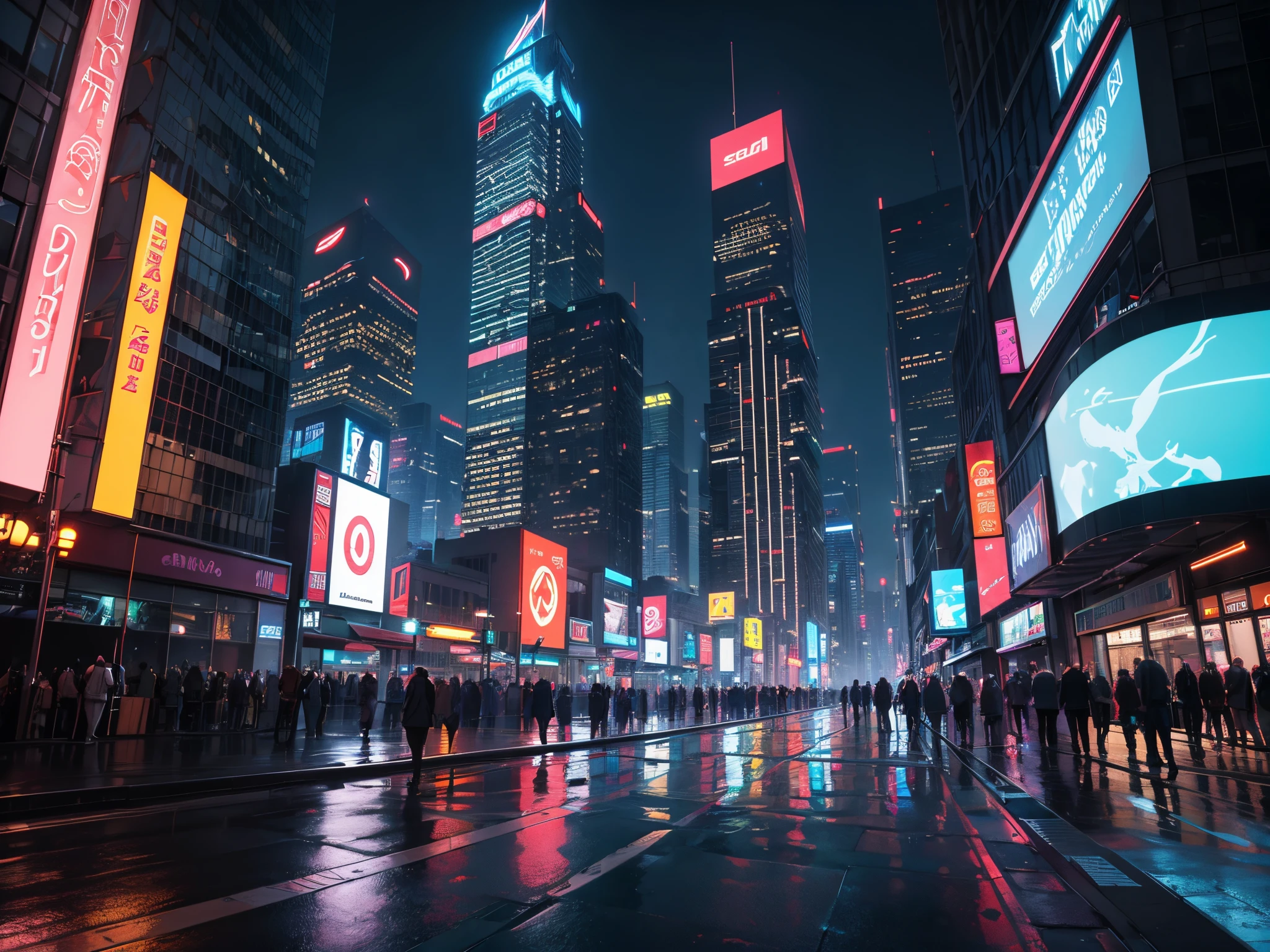Describe a futuristic cityscape in 2050, Where futuristic skyscrapers rise up to the sky, illuminated by pulsing neon lights. The streets are lined with silent flying vehicles, enquanto hologramas flutuantes exibem publicidade interativa. Vertical gardens cover the facades of the buildings, combinando natureza e tecnologia. The sidewalks are made of self-cleaning material and change color as people pass by. Descreva os sons, smells and physical sensations of this futuristic landscape, 8k, cinematic ilumionation.