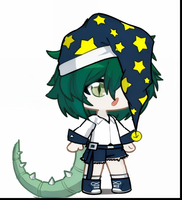 anime girl with green hair and a hat with stars on it, chibi monster girl, chibi, character art of maple story, tatsumaki, smol, 2 d anime style, sprite 2 d, visual novel sprite, 2 d sprite, crocodile loki, style of maple story, tatsumaki with green curly hair, style as nendoroid, chibi style, character adoptable