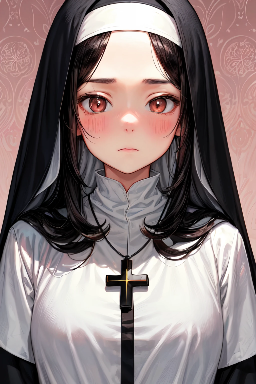 1girl, nun, saintles, long black hair, hood, brown eyes, looked up, pray, focused expression, pink blush in cheek, glowing, sidelighting, cross pendant, wallpaper, portrait, adult
