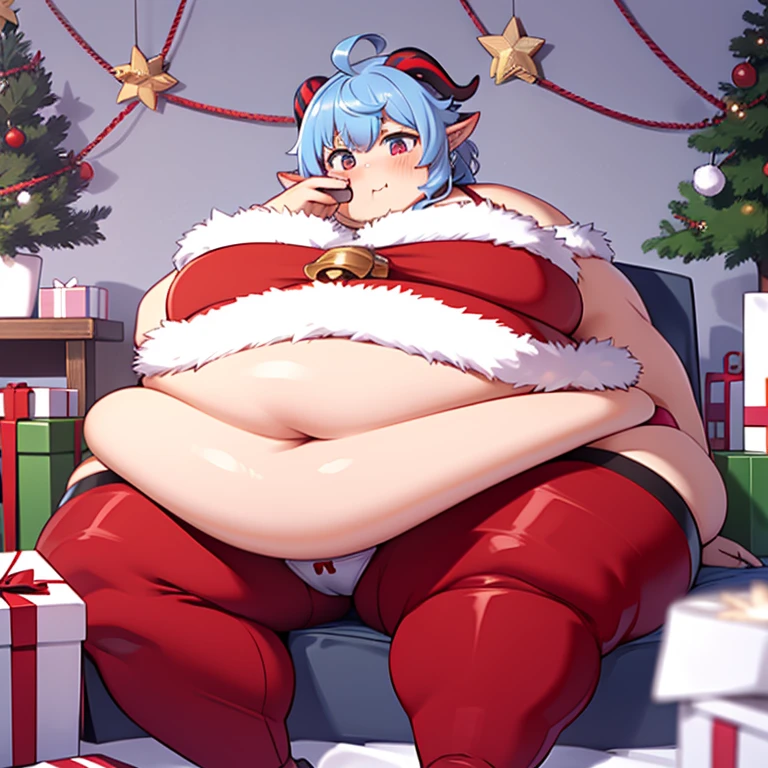 ((masterpiece)), 4K, highdes, Immobile Ganyu, Christmas suit, horns, bell in neck, Big Large Breastas, fat extra thick thighs, Big Fat belly, fat arms, cute face, no show ears, panties christmas, bedroom, night, sitting, rubbing belly in heart form with hand, eating a lot food in Christmas