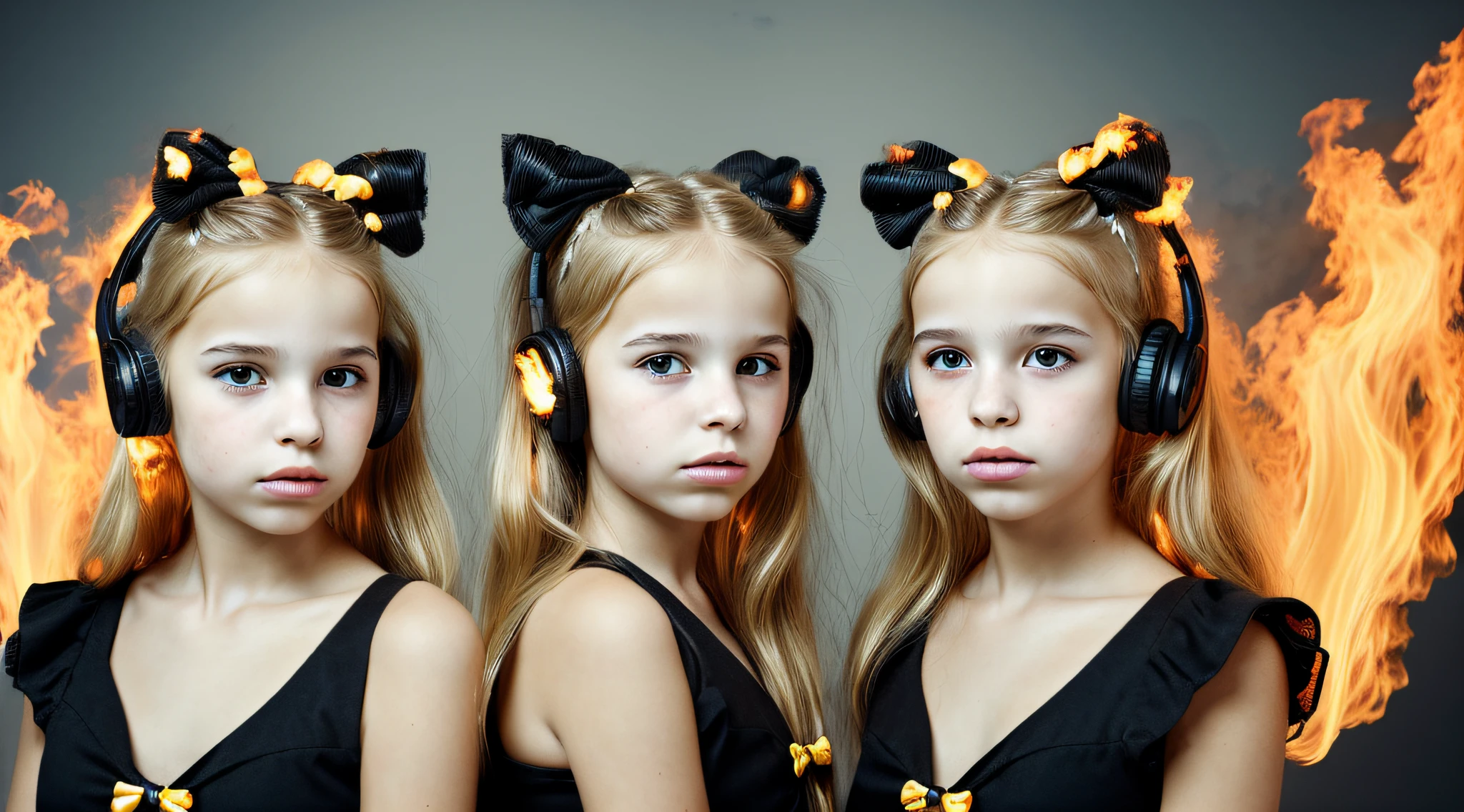 two BLONDE girls with bows on their heads and one wearing a BLACK dress, HEADPHONES FIRE AND FIRE. smoke billowing, gemini twins portrait, faixa de cabelo AMARELO,