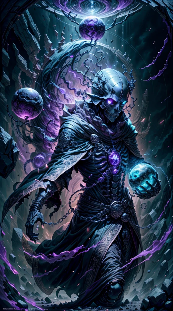 Skeleton rich with dark runes, Black gold skeleton, Magic Void Energy, Glowing eyes, Death lightning, Death energy ball floating in your hand, Casting a spell, Energy cracking, Bone Hand, Dressed in a luxurious cloak, Floating astral skull, Earth and rocks floating with energy as a lich hold, Glowing runes in floating details, Bones and skull lying on the ground, Dark purple energy, Floating in the air, Energy Chain, Magic circle on the ground,,Detailed,Realistic,4K highly detailed digital art,Octane Render, bio luminescent, 8K resolution concept art, Realism,by Mappa Studios,masutepiece,Best Quality,Official art,Illustration,ligne claire,(Cool_Color),Perfect composition,absurderes, Fantasy,Focused,rule of third
