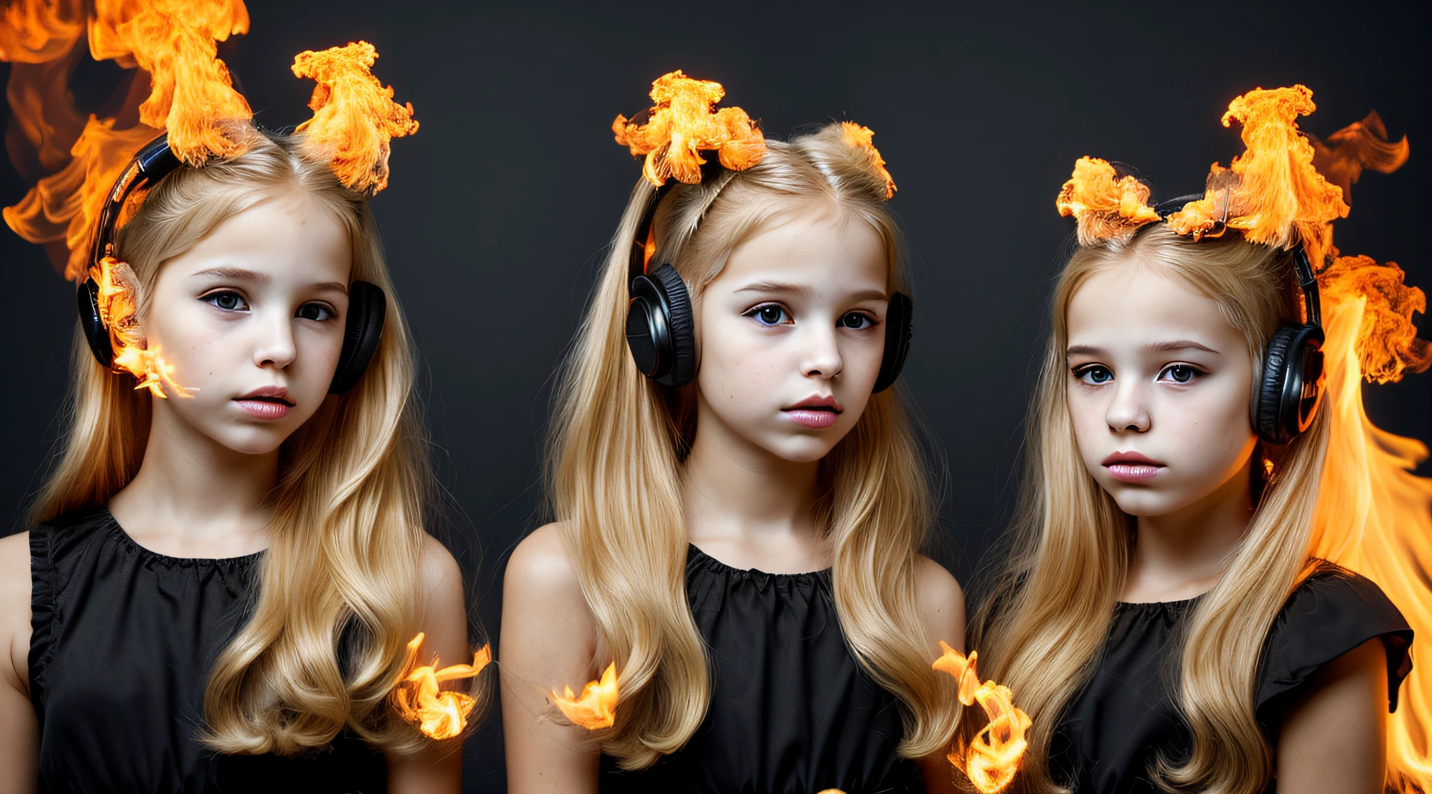 two BLONDE girls with bows on their heads and one wearing a BLACK dress, HEADPHONES FIRE AND FIRE. smoke billowing, gemini twins portrait, faixa de cabelo AMARELO,
