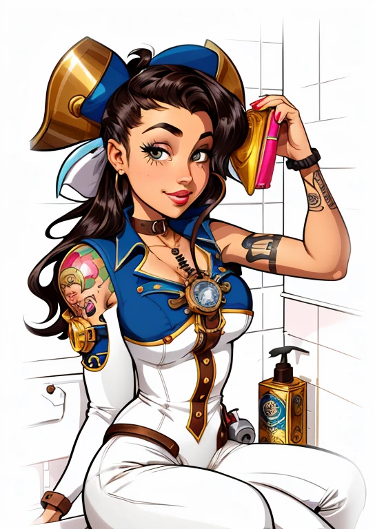 cartoon woman sitting in a bathroom with a phone in her hand, bruxa mecanizada, steampunk pin-up meninaer pirata, in illustration style digital, menina inventeampunk, Como Lady Mechanika, color digital illustration, full-colour illustration, comic character design, colorful illustration for tattoo, estilo vetorial cartunesco, arte dos desenhos animados, girl with warship parts