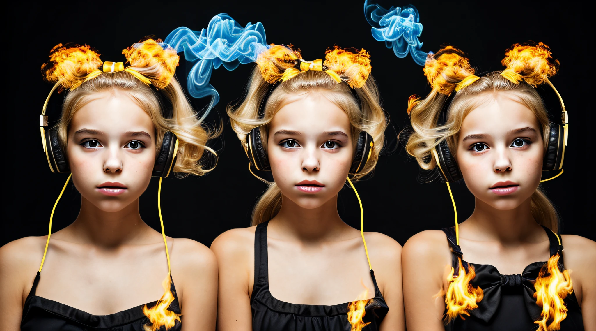 two BLONDE girls with bows on their heads and one wearing a BLACK dress, HEADPHONES FIRE AND FIRE. smoke billowing, gemini twins portrait, faixa de cabelo AMARELO,