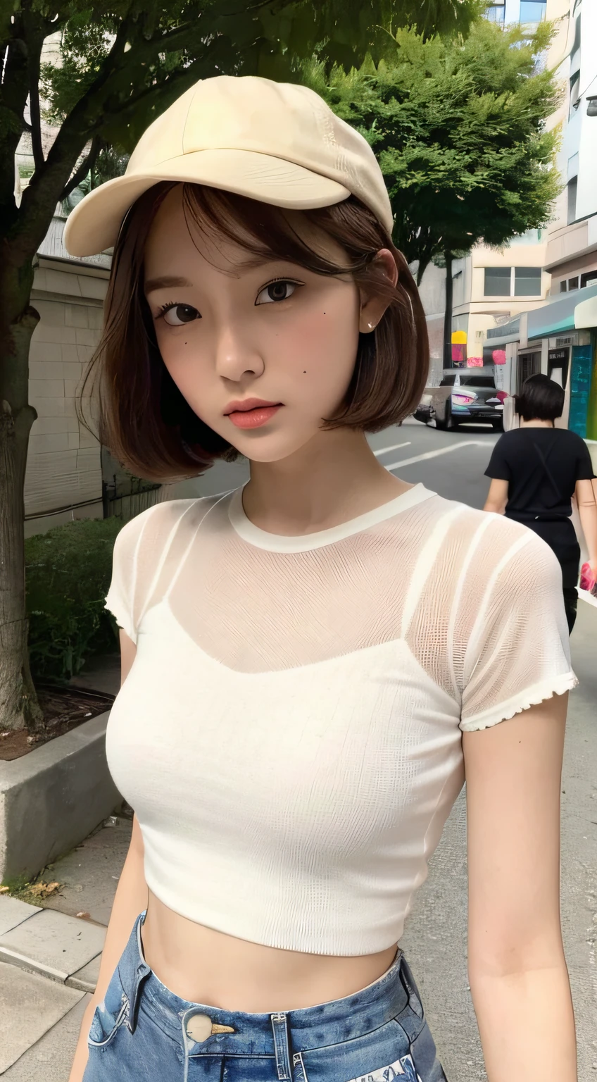 （（best qualtiy，8K，tmasterpiece：1.3）），（Flower Cap：1.3），Perfect beauty：1.4，glute：1.2，（Layered Hair Style：1.2）），（the street：1.3），Highly detailed face and skin textures，full body Esbian，Elaborate Eyes，二重まぶた，Whiten skin，Short Wave Hair，Cute Korean Beauties（With a round face：1.5），（Loose top，short trousers：1.6）