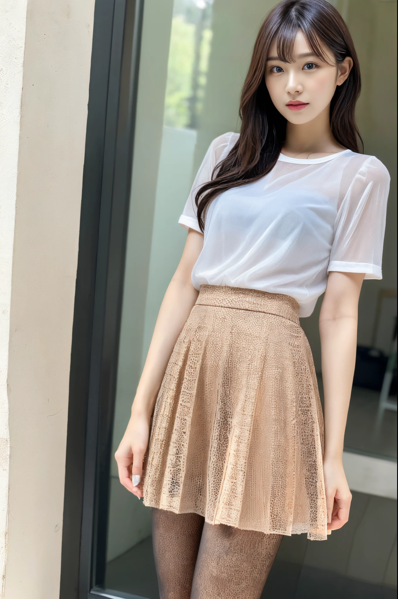 ulzzang -6500-v1.1, (Raw photo:1.2), (Photorealsitic), (See-through:1.3), (Real: 1.4), popular actress、wear a lace skirt、Ultra-realistic pantyhose:1.2, Ultra-realistic skin texture、shinny skin、Exposed thighs!!!、
