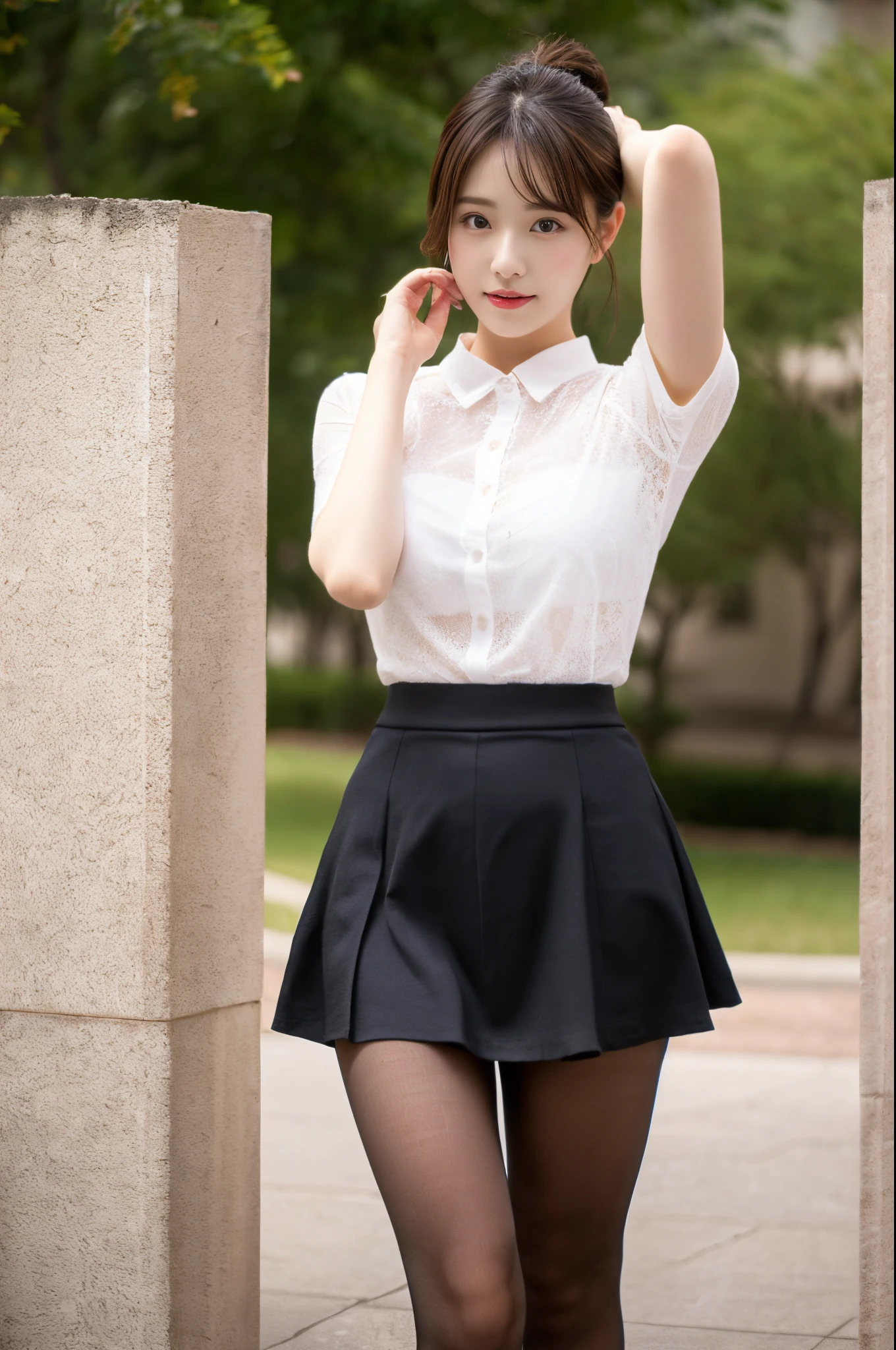 ulzzang -6500-v1.1, (Raw photo:1.2), (Photorealsitic), (See-through:1.3), (Real: 1.4), popular actress、wear a lace skirt、Ultra-realistic pantyhose:1.2, Ultra-realistic skin texture、shinny skin、Exposed thighs!!!、