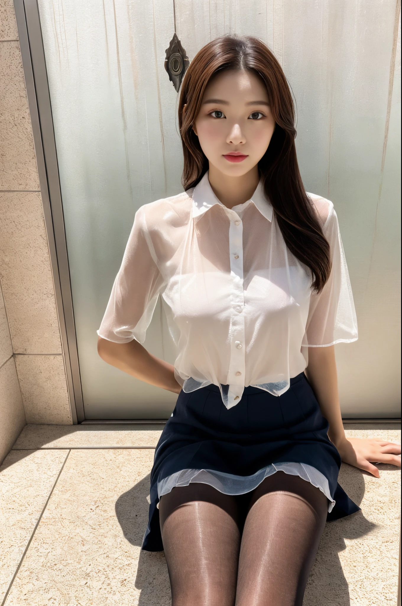 ulzzang -6500-v1.1, (Raw photo:1.2), (Photorealsitic), (See-through:1.3), (Real: 1.4),  popular actress、wear a lace skirt、Ultra-realistic pantyhose:1.2, Ultra-realistic skin texture、shinny skin、Exposed thighs!!!、