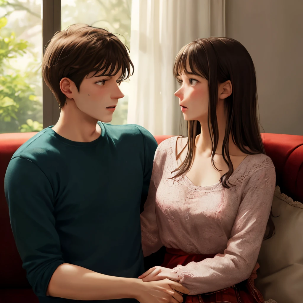 A couple sitting on a sofa,Man holding woman,The expression is nervous