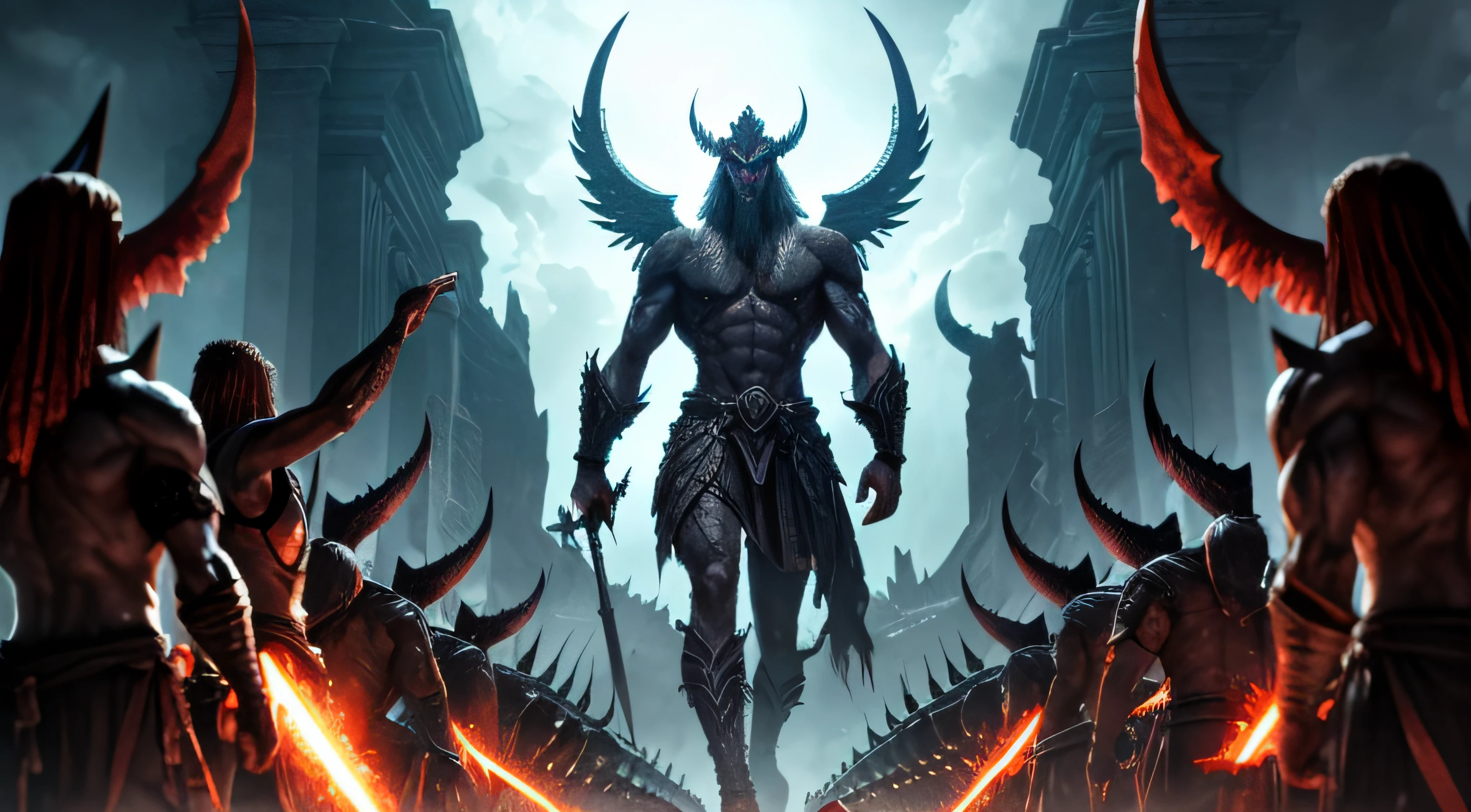 A towering Nephilim, with skin as hard as stone and eyes that glowed like fire, stood defiantly against a sea of human warriors, their weapons raised in fear and awe.