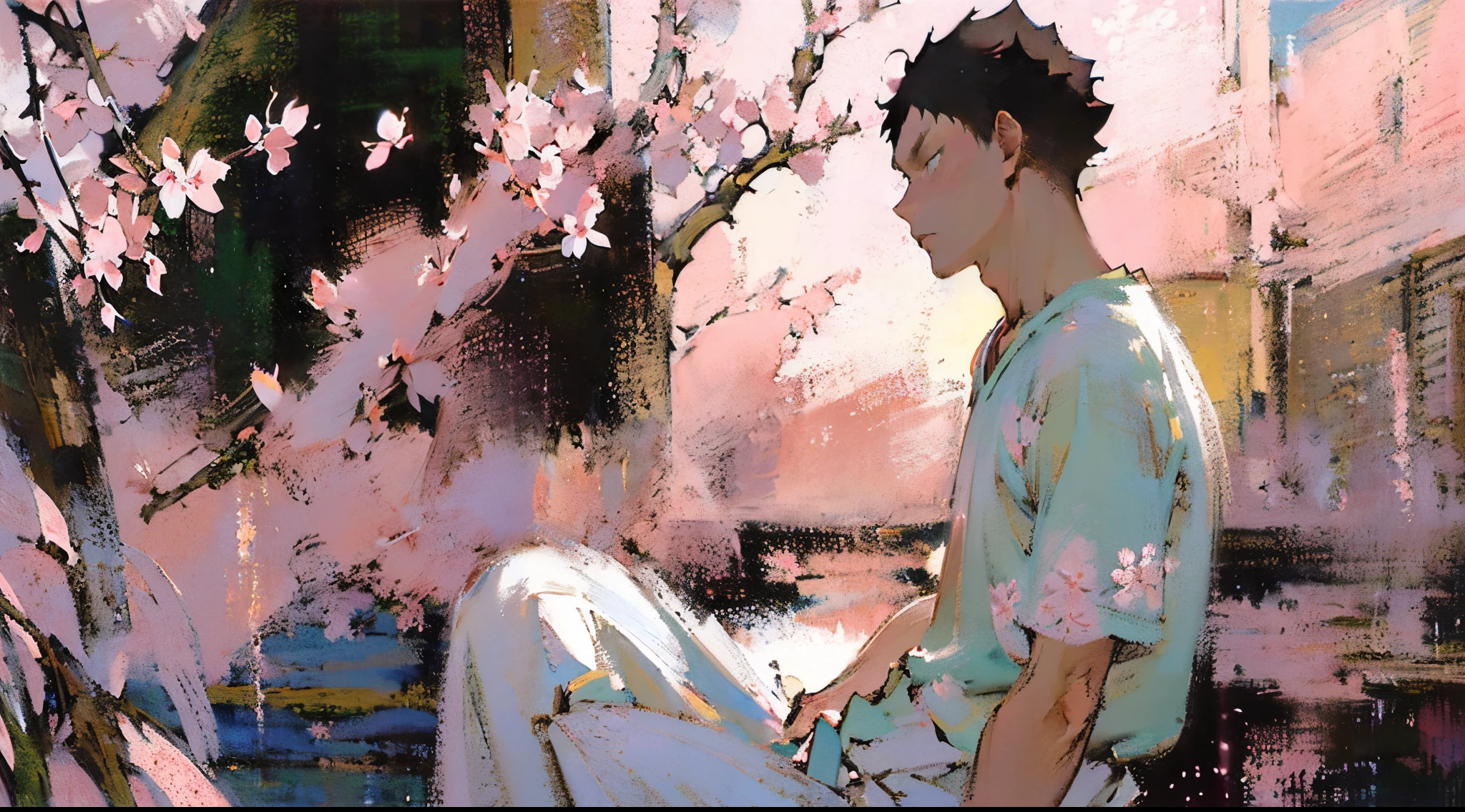 (((solo focus))),(((1 boy))),male focus,(((iwaizumi))),Fechin, oil painting, IMPRESSIONISM,black hair,((black eyes)),((short hair))plants,(((pink cherry blossom flowers))),rustic scenery,cottages,sakura,(((plain white tshirt))),khaki shorts,((pastel colors)),((warm toned focus)),((((Looking at viewer)))),perfect face,(((handsome))),spiky hair,full body