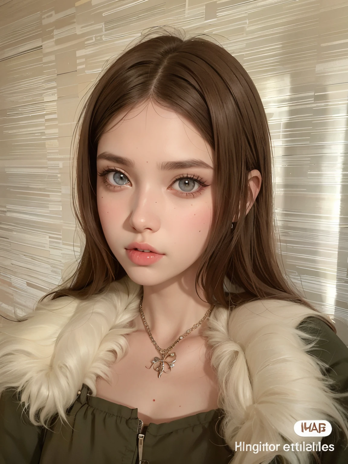 Hay una mujer con un collar y un collar de piel posando para una foto, brown hair and large eyes, con cabello largo y ojos penetrantes, Ojos grandes y cabello largo y suelto, Articulated doll with ball, 19 year old girl, ulzzang, Cara sexy con maquillaje completo, con cara redonda, pale porcelain white skin, con hermosos ojos detallados