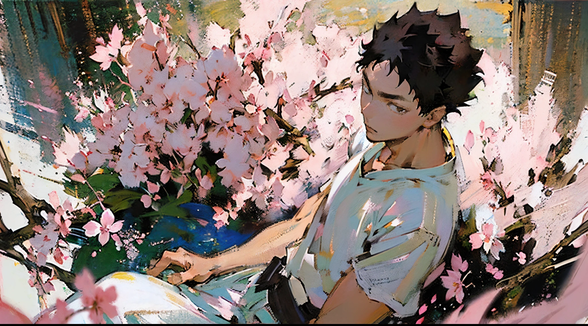 (((solo focus))),(((1 boy))),male focus,(((iwaizumi))),Fechin, oil painting, IMPRESSIONISM,black hair,((black eyes)),((short hair))plants,(((pink cherry blossom flowers))),rustic scenery,cottages,sakura,(((plain white tshirt))),khaki shorts,vibrant colors,((warm toned focus)),((((Looking at viewer)))),perfect face,(((handsome))),spiky hair,full body