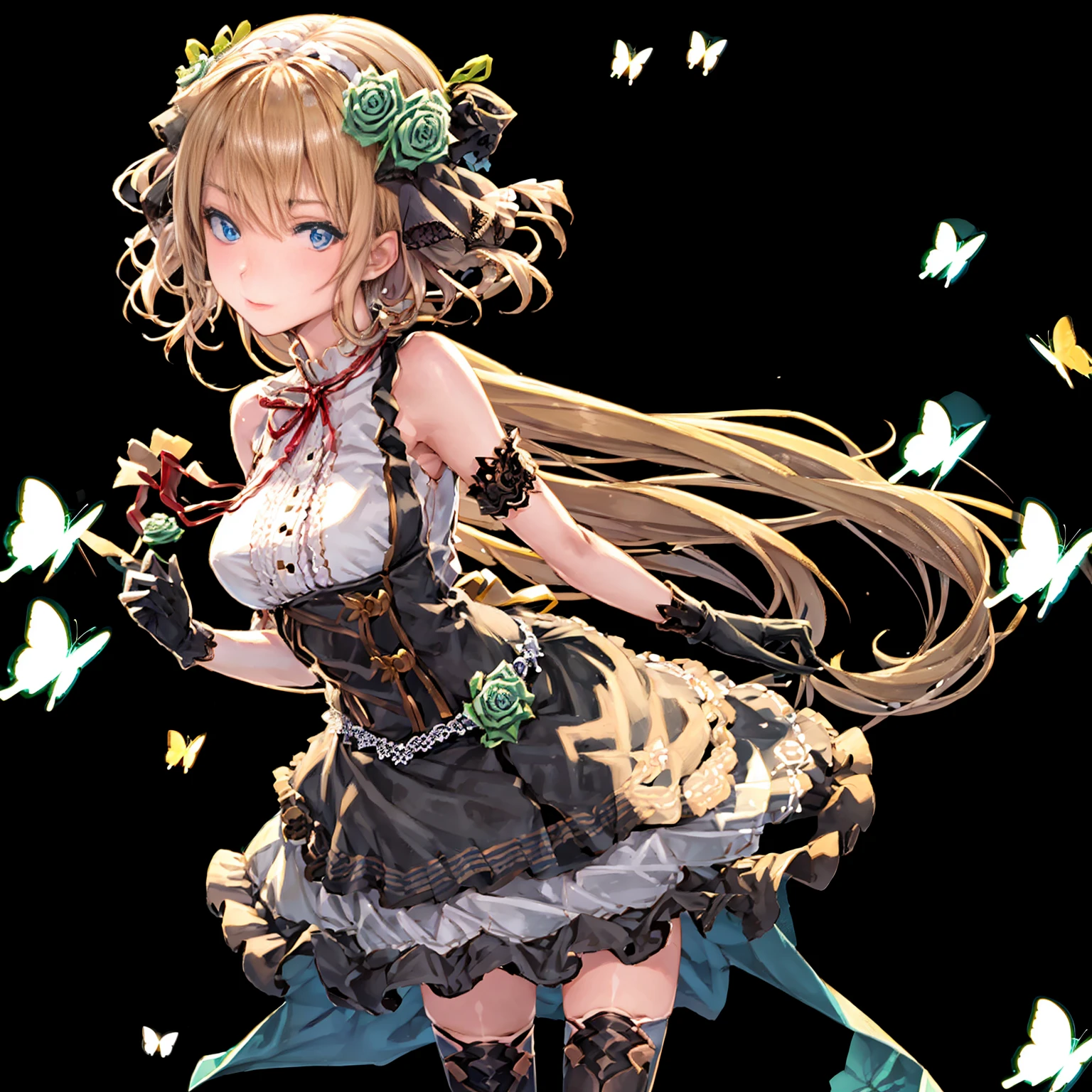 masutepiece, Best Quality, 1girl in, refill\(mare\),refill\(Regular Clothes\), Black Gloves, bug, butterfly, garden, Standing, Looking at Viewer,