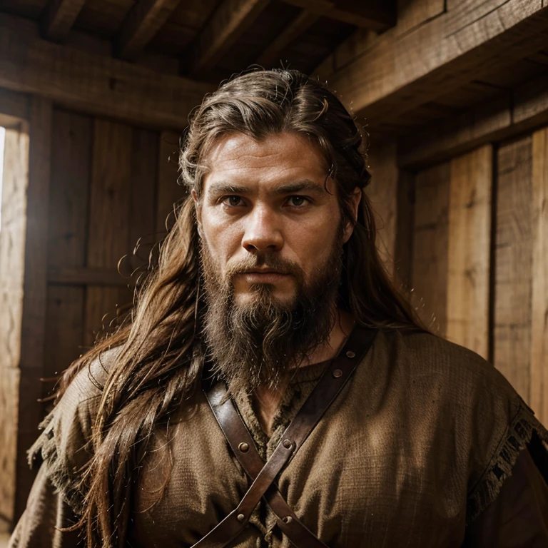 Imagem de um querreiro viking, forte, cabelos brancos lonjos e olhos azuis