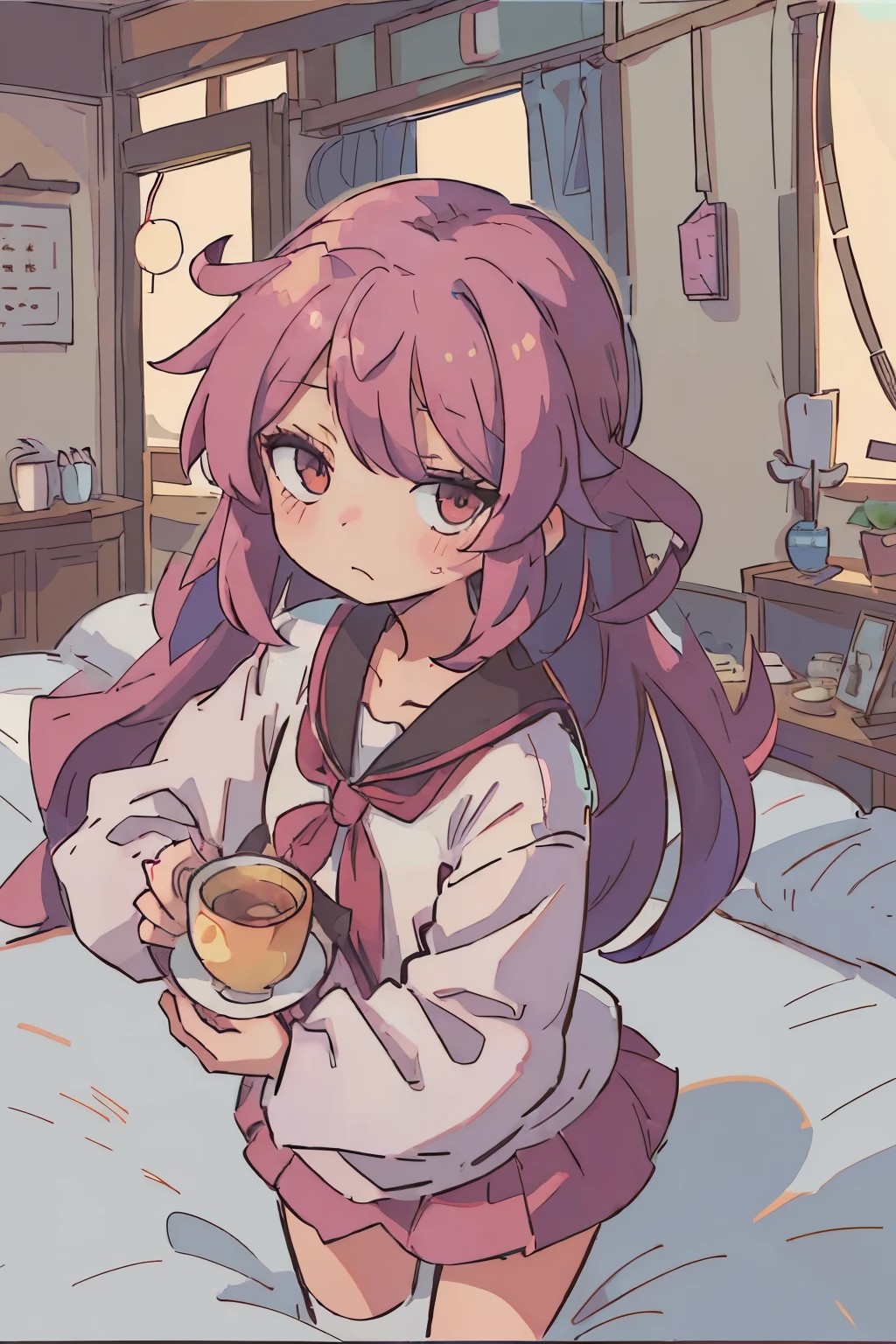 (Best Quality:0.8) perfect anime illustration, cute little, Longhaire、make - up、girl with、bed made of mosaic、Cute clothes、tea shop、Guibli