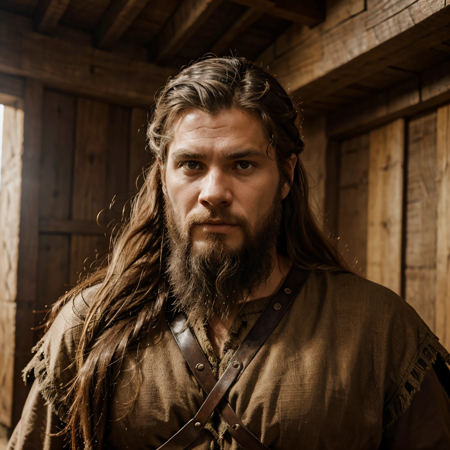 Imagem de um querreiro viking, forte, cabelos brancos lonjos e olhos azuis
