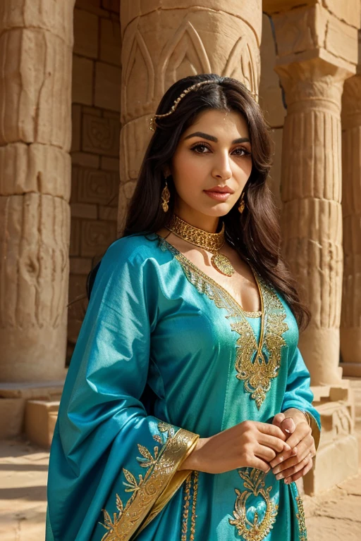 photo of Persian 45 yo woman in traditional clothes , floral blue and green cloths , pattern of Achaemenid Empire
 soldiers on wall  , in Persepolis ruins in Shiraz city ,  sunrise,  gold and petrol pattern . High dynamic range, vivid, rich details, clear shadows and highlights, realistic, intense, enhanced contrast, highly detailed . high fashion, luxurious, extravagant, stylish, sensual, opulent, elegance, stunning beauty, professional, high contrast, detailed