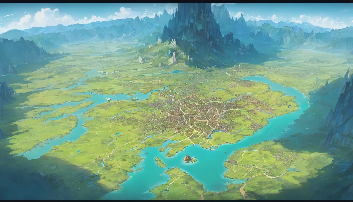 Hand drawn map of the European continent, A large fantasy blue city on a plateau separated from the red city by a bottomless chasm，A long stone bridge connects the two cities, To the north of the map is the highlands，To the south is a basin,、There are many lakes and small cities，There is a sea to the west，To the east is a plain，There are many rivers，Fantasy Cartography，game map，Detailed Map，Steam Workshop Map，D＆Fantasy map design with boobs boobs D style，top-down view