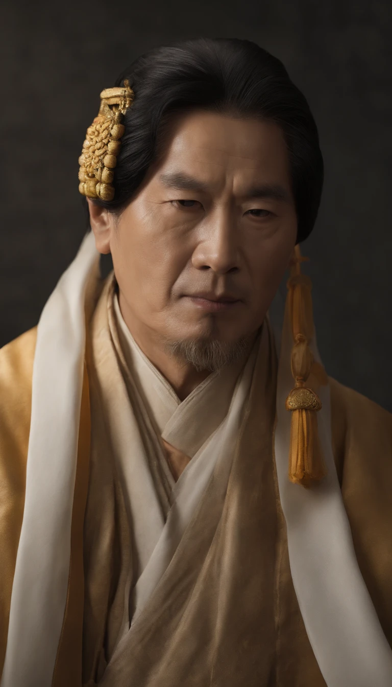 A old man、Chinese Song Dynasty old mittle bit chubby，（Portrait of Emperor Xuanyuan 1.0）；closeup cleavage（close-up1.0），Audience visual inspection（facing at the camera），二重まぶた，Round eyes，with a round face，whaite hair，hair-bun，no headwear，hair tying up。yellow clothing。solid color backdrop[[[paper texture 1.5]]];真实感、hyper HD, retinas, tmasterpiece, Acura, Anatomically correct, Award-Awarded, high high quality, high detal, super detailing, ctextured skin, Best quality at best, A high resolution,k hd, 4K, 8K, 16k。