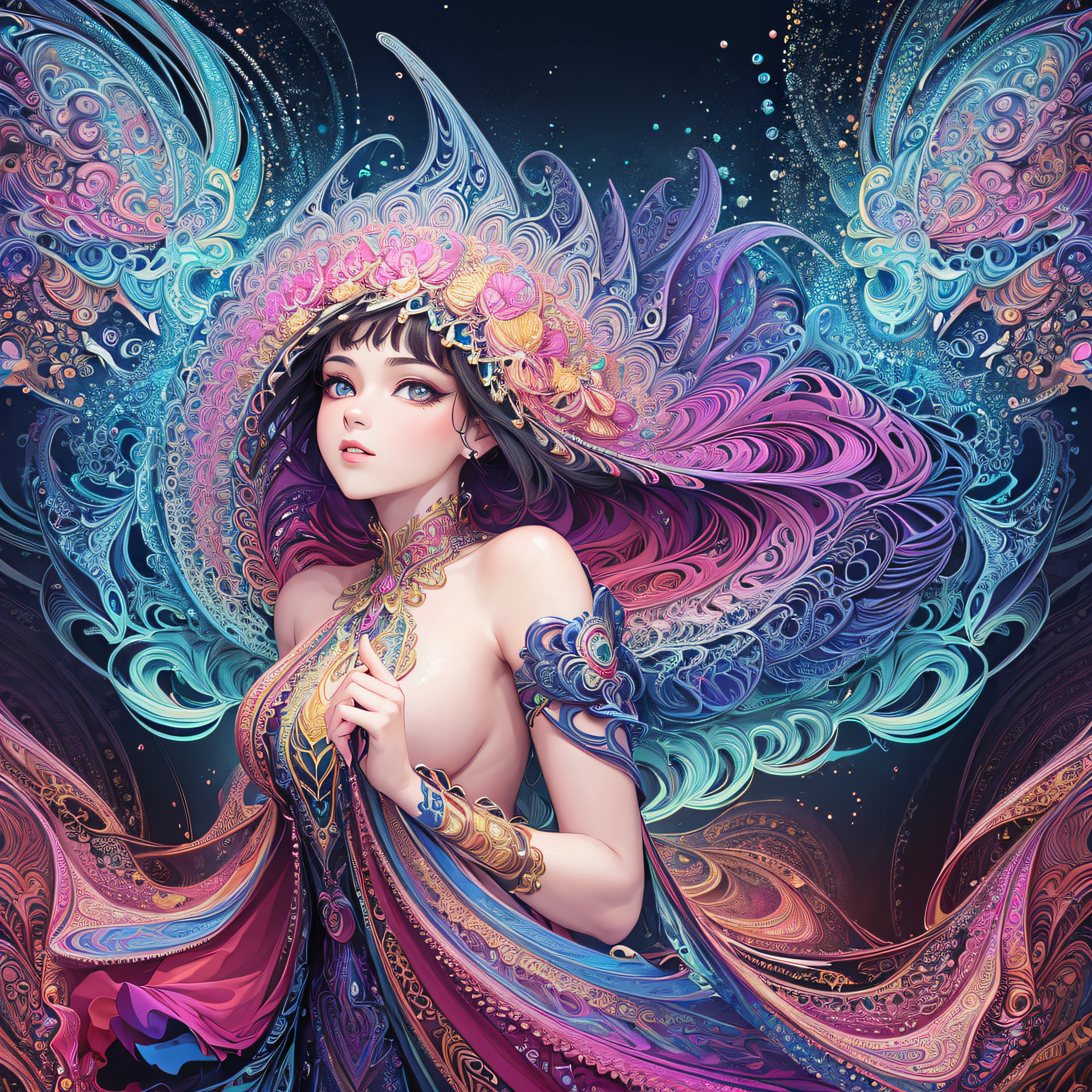 (masterpiece, top quality, best quality, official art, beautiful and aesthetic:1.2), (1girl:1.3), extremely detailed,(fractal art:1.2),colorful,highest detailed,(zentangle:1.2), (dynamic pose), (abstract background:1.5), (treditional dress:1.2), (shiny skin), (many colors:1.4), upper body