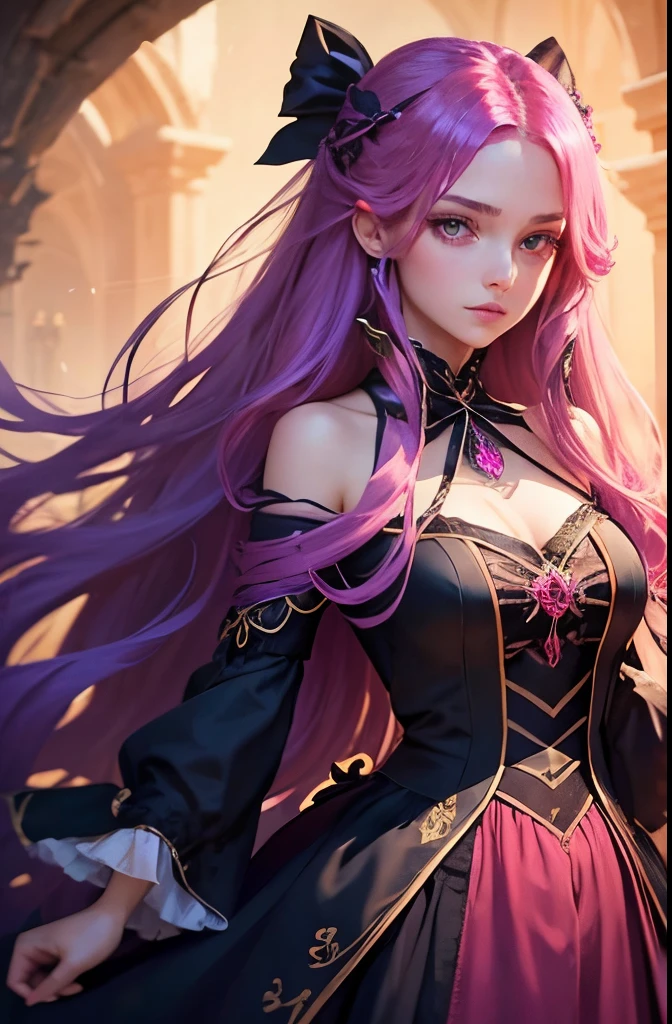 1girl in, Long hair, Bright hair color, Seductive eyes, mysterious expression, mature appearance, Attractive dresses, A flowing dress, Elegant Jewelry, complicated decoration, Magic Symbols, Glowing Accessories, potions, sscroll, Cute accent, the bow, bow ribbon, Flowers,