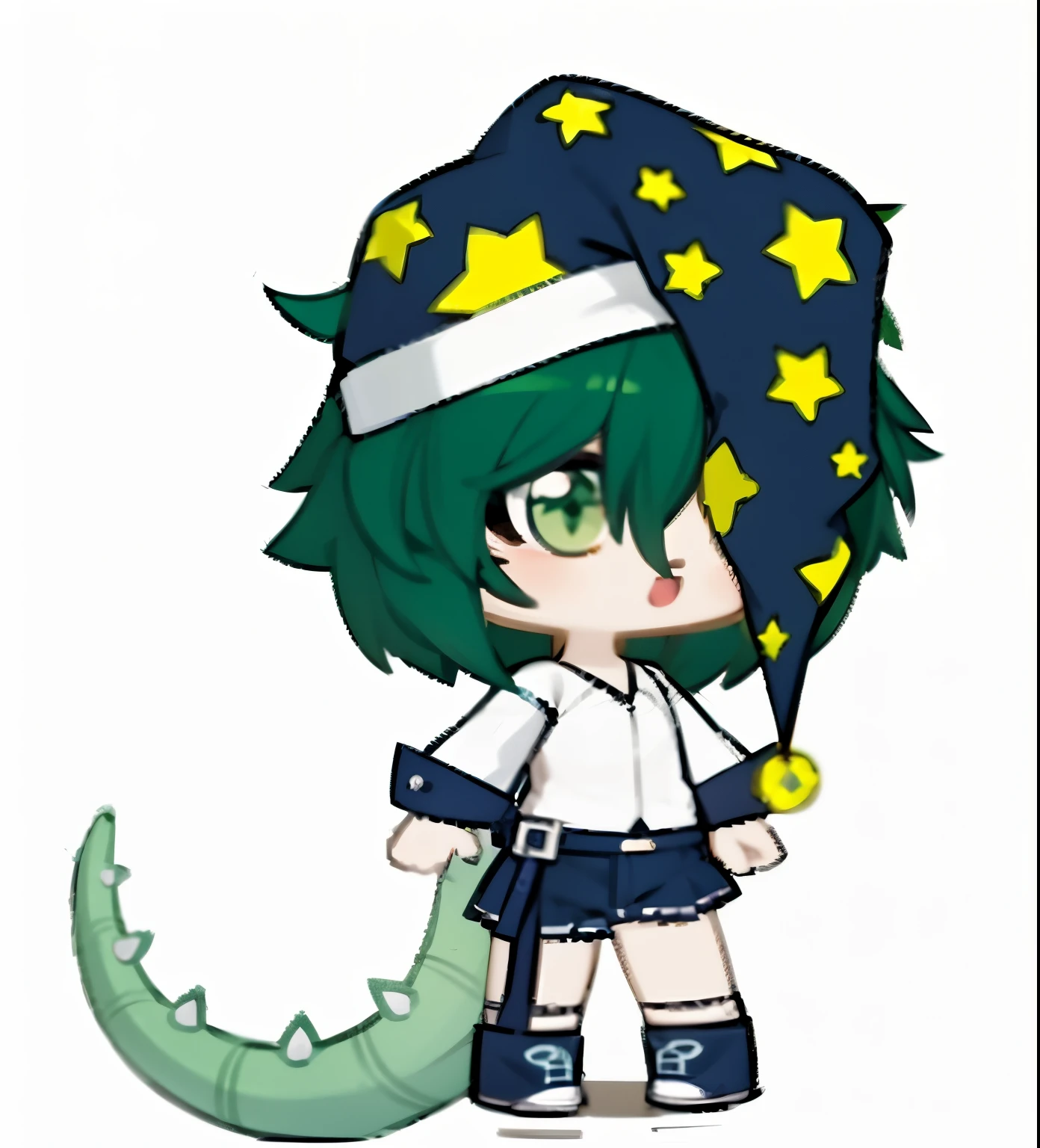anime girl with green hair and a hat with stars on it, chibi monster girl, chibi, character art of maple story, tatsumaki, smol, 2 d anime style, sprite 2 d, visual novel sprite, 2 d sprite, crocodile loki, style of maple story, tatsumaki with green curly hair, style as nendoroid, chibi style, character adoptable