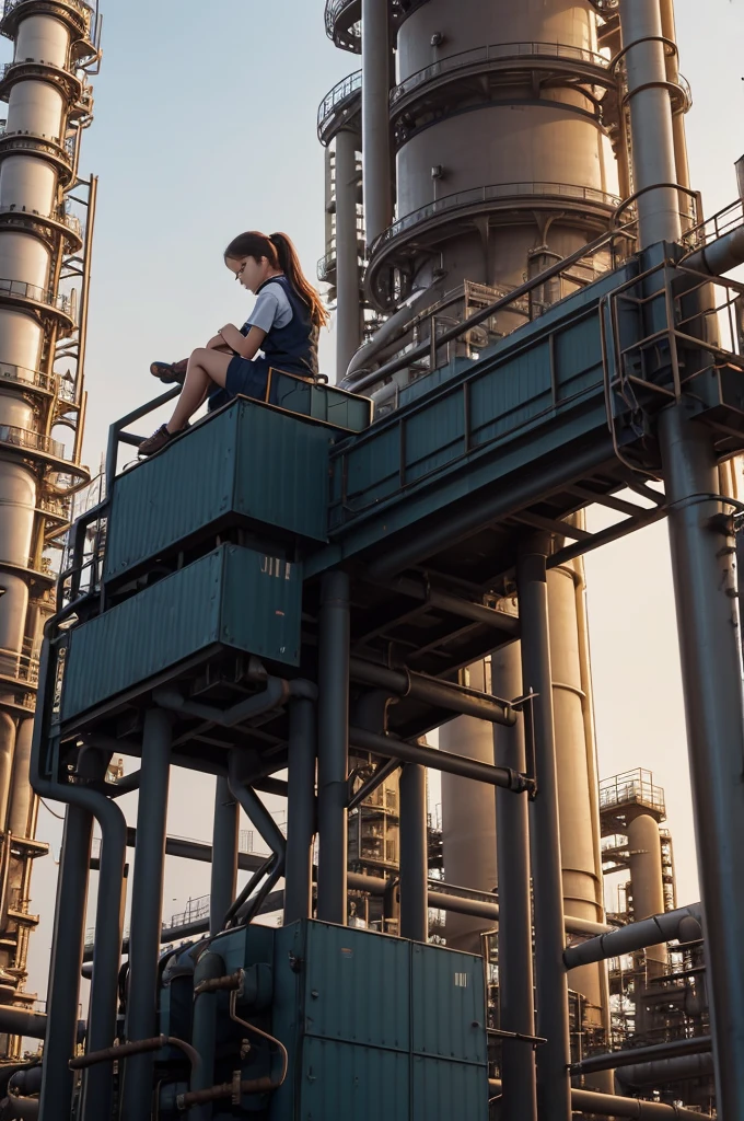 A girl sits on top of a tower at a petrochemical plant.