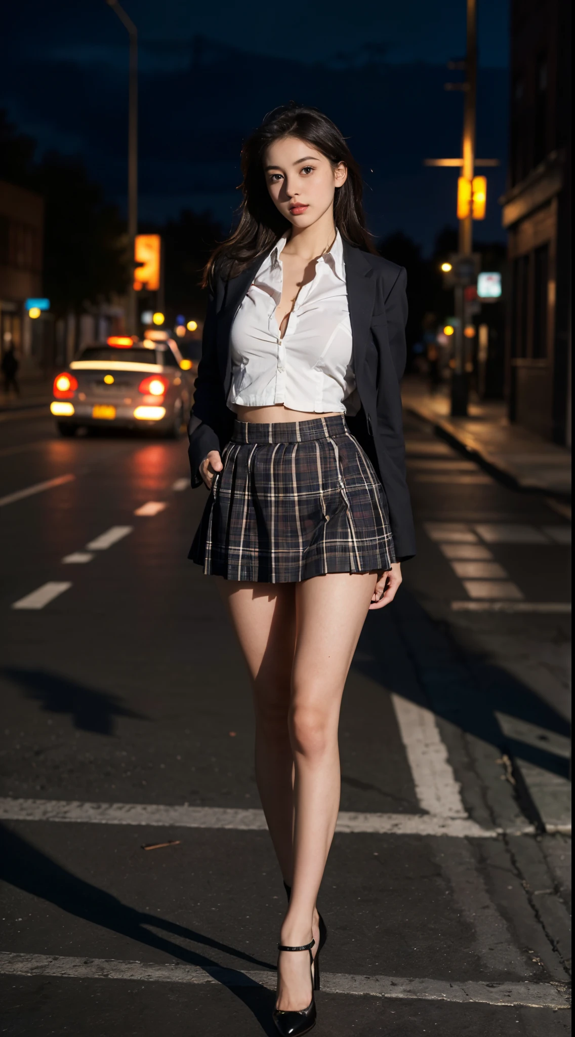 Best quality, masterpiece, ultra high res, (photorealistic:1.4), raw photo, (perfect body shape), (slim:1.2), dynamic pose, 1girl, (full figure:0.9), solo, big breasts, sagging breasts, school uniform, plaid mini skirt, in the dark, night, on the street, deep shadow, low key, cold light 12000K