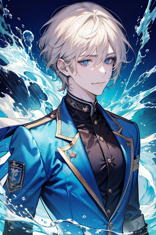 (absurdres, highres, ultra detailed), 1 male, adult, handsome, tall muscular guy, broad shoulders, finely detailed eyes, blond hair, blue eyes, multi-color eyes, detailed eyes, hyper detailed, modern, school uniform, uniform, complex pattern, detailed face, water bubbles, best ratio four finger and one thumb, ice, bitter cold, cold snap, smile, closed mouth