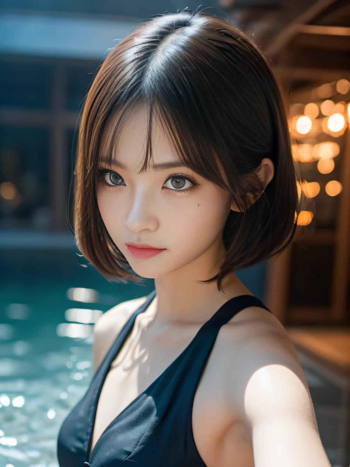 A beautiful witch who controls fire, Photo、a dark night,( firey:1.1),Bright eyes, sexy dress with burnt spots、Photo、Japanese Models, Beautiful Japanese wife with short hair, 27-year-old female model, 4 k ], 4K], 27yo, sakimichan, sakimichan