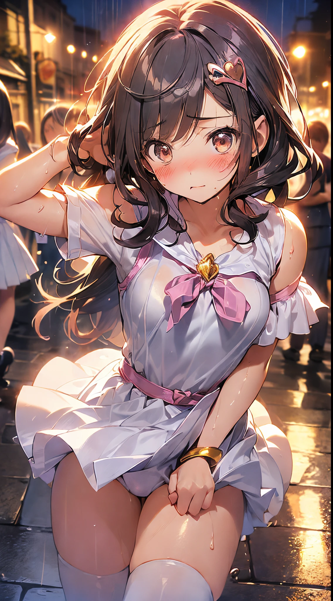 One lady,20yr old,((Magical Girl Costumes)) ,(((blushed face))), )), ((()))((I'm opening my mouth)),(((magical girl costume))(Happy Ahe Face),Wet with sweat,(A dark-haired,),((Street,Crowds,))(())