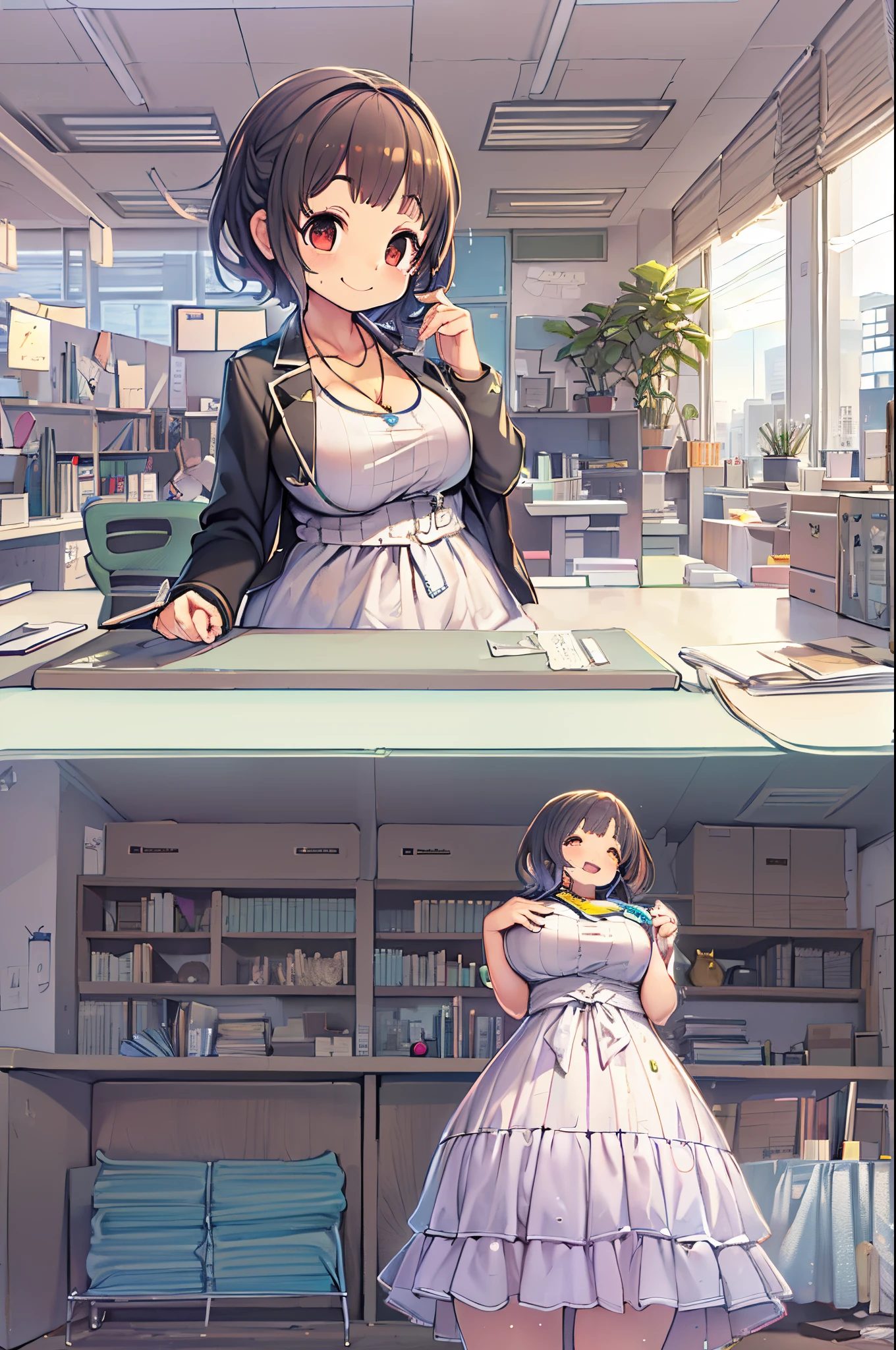 masutepiece, excellent, (Office: 1.8), Ultra-high-definition CG rendering, Standing, 1 Royal Sister, Woman with short tanned hair, layered dress, Hands folded at the waist, Illustration, Wide-angle panorama,bbw、huge-breasted、A big smile