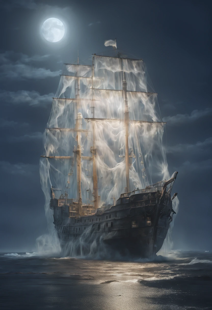 a hyperrealism photo of a ghost ship (made out of ghost:1.8) at sea at night, moon in the night sky, intricate accurate details, cinematic color grading, cinematic, artstation, 8K, lowlight