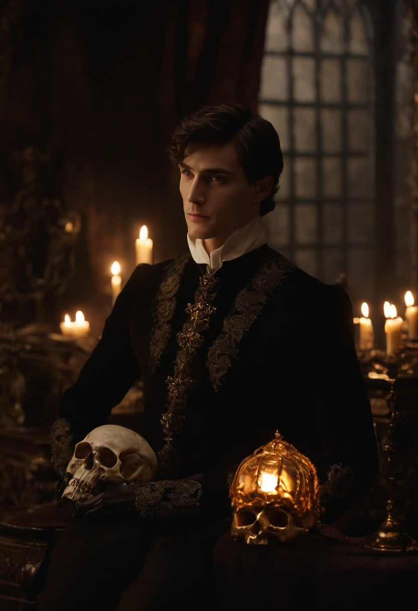 A dark, ornate skull-shaped amulet, glowing with a dim, eerie light, resting on a velvet pillow.,Harry Potter series,Tom is a tall young male, pale, short black hair, brown eyes, gaunt features, famously portrayed by christian coulson