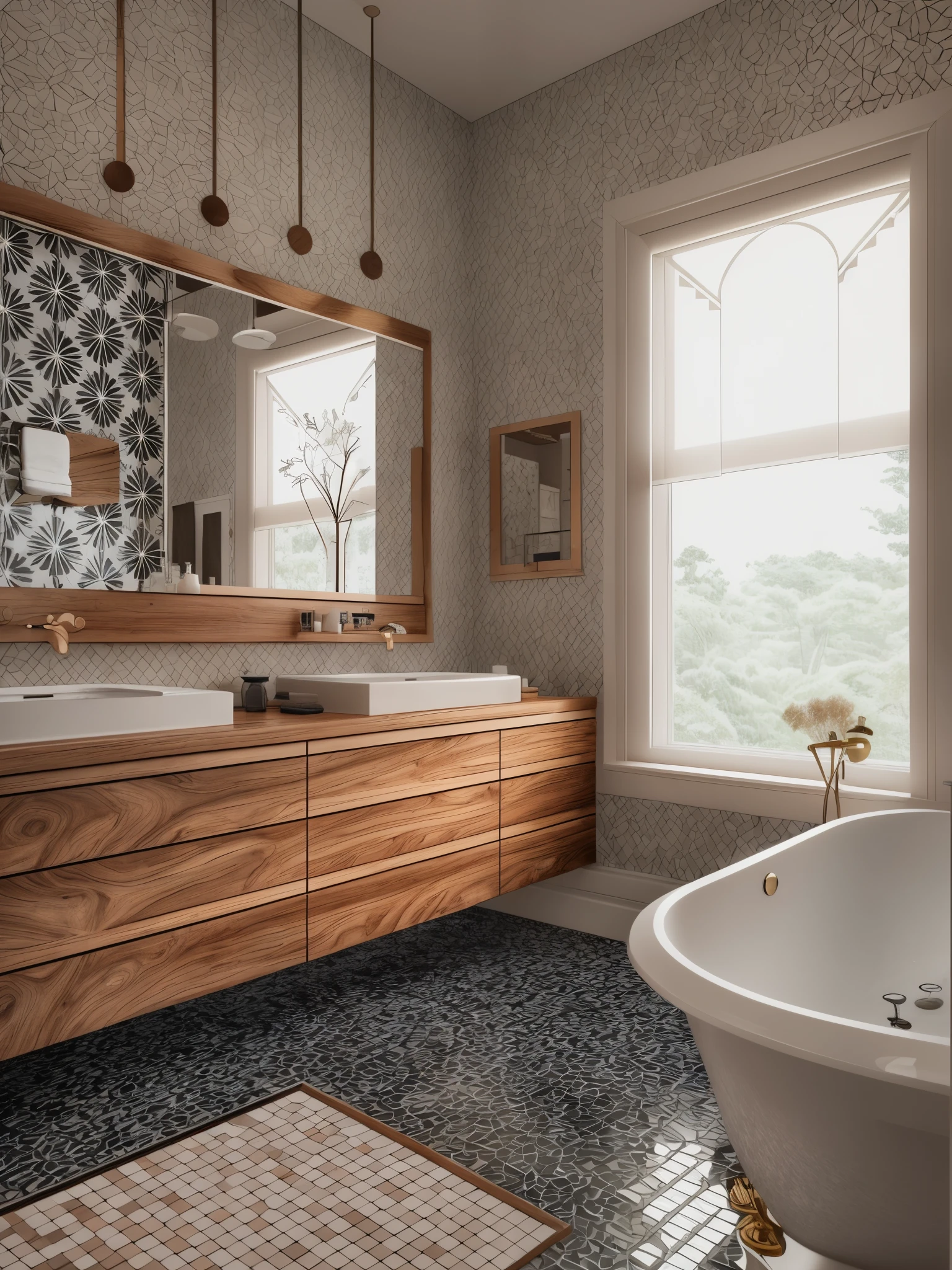 a close up of a bathroom with a tub, sink and mirror, wood cabinets, wood accents, premium bathroom design, modern bathroom, marble and wood and glass, wooden toilets, modern design, ornate and detailed, moody vibe, bath like style, mirror and glass surfaces, wood furnishings, cabinet furniture, neotraditional modern minimalist, patterned tilework, interior of a bathroom