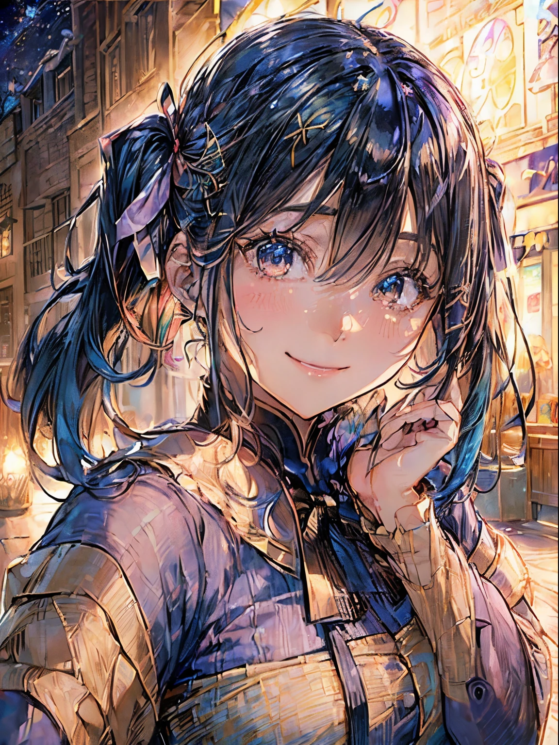 magician human、1人の女性,Bewitching smile, (rainbow hair:1.4),((short twintails,Ribbon 1.4)),(Blue Butterfly Hair Ornament 1.3)、Futuristic magic square on night background with bright lights and bright moonlight、(masutepiece:1.3), (8K, realistic magic square(1.8),(8K, Photorealsitic, Raw photo, Best Quality: 1.4), Beautiful face, (Realistic face), Beautiful detailed eyes, (Realistic skin), Attractive, Intricate details,Golden ratio,,Dynamic Pose,Dynamic Angle,Intricate details, Hyper realistic、only face、A smile、Smiling、Face enhancement