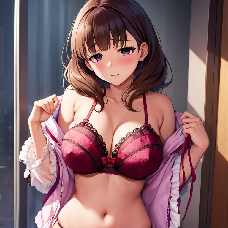 (masutepiece、Best Quality)、sakuma mayu、brown haired、1girl in、Open bra、Beautiful eyes、Well-formed face、very large udder、Too big、Lace bra with purple ruffles、Purple bra shoulder straps、Purple lace panties、Big and beautiful nipples、Beautiful areola、beauty legs、Classroom、sexy pose、blushed face、Figure-eight eyebrows、Moist eyes、Seduce a man、shame、